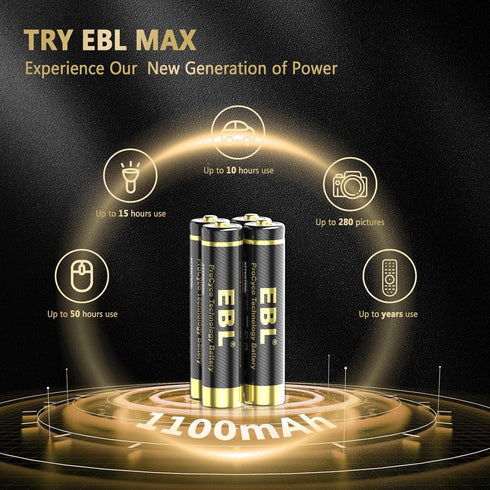 EBL Gold Pro Rechargeable AAA Batteries, 1.2V 1100mAh, High Performance Precharged Triple A Battery - 16 Packs