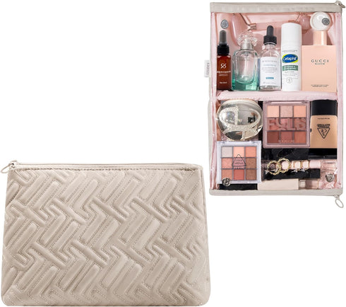 Makeup Bag Travel Essentials Cute Skincare Pouch Purse Cosmetic Bags for Women Traveling Make Up Organizer Portable Clear Case Toiletry Bag with Zipper (Camel, Large)