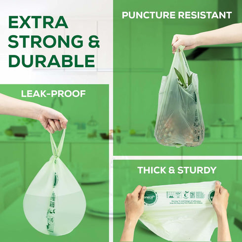ANECO 100% Compostable Food Waste Bags, 1.6 Gallon with Handles, 30 Count, BPI Certified