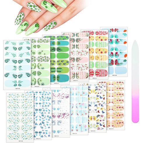 Maitys 168 Pieces Nail Strips, 12 Sheets Summer Full Wrap Nail Polish Stickers with File Manicure Kits for Women DIY