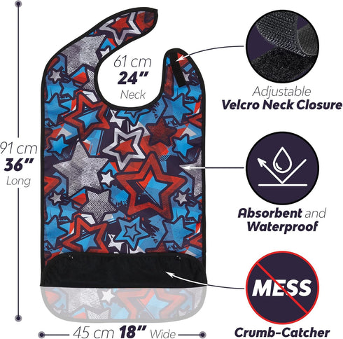 Reusable Adult Bibs with Crumb Catcher Pocket - For Men and Women