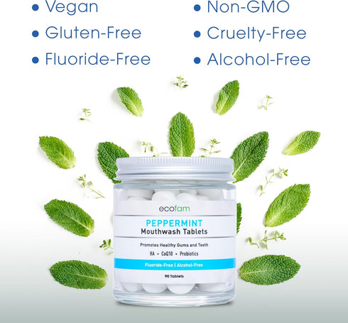 Peppermint Mouthwash Tablets - Chewable Travel Size Mouthwash for Fresh Breath, Fluoride Free, Alcohol Free (90 Tablets)