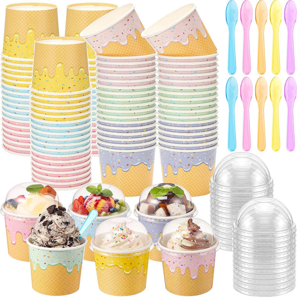 Jingmore 60 Set 4oz Ice Cream Paper Cups with Lids and Spoons, Disposable