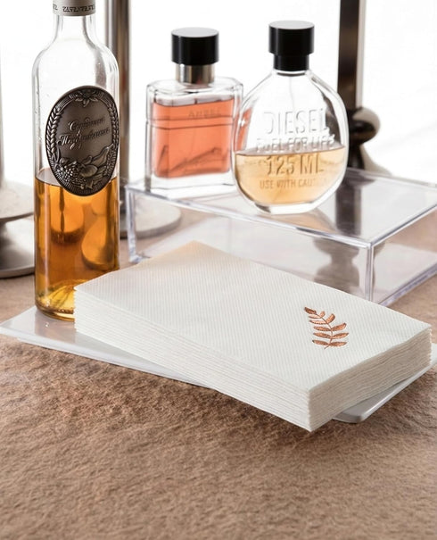 Pack 50 of White Guest Napkins Paper Disposable Hand Towels Linen Feel Copper Leaves Decorative Paper Dinner Hand