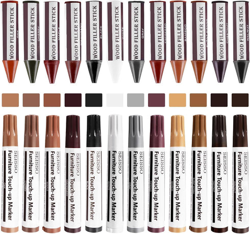 SEISSO 12 Colors Furniture Repair Kit - Touch-up Markers and Wood Fillers for Stains, Scratches, Upgrade Furniture Kit