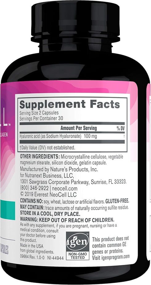 NeoCell Hyaluronic Acid Capsules, Essential Lubricant, 60 Count, 1 Bottle, Gluten Free