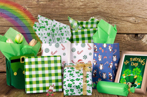Whaline St. Patrick's Day Tissue Paper, 90 Sheet Green Plaid Shamrock Pattern for DIY Crafts, Gift Bag Packing