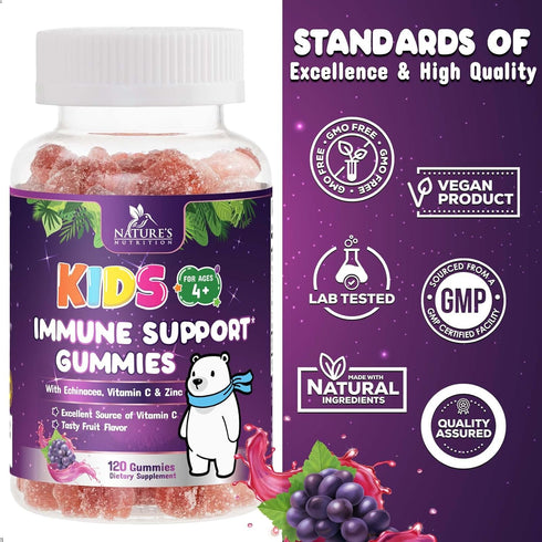 Immune Support Gummies for Kids & Toddlers, 120 Gummies, with Vitamin C, Zinc & Echinacea, Natural Berry Flavor