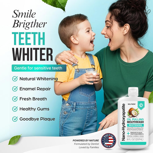 SELFWISE 8oz Nano-Hydroxyapatite Oil Pulling Whitening Mouthwash for Teeth and Gums, Natural & Organic, Whitens Teeth