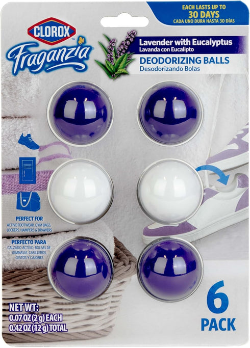 Clorox Fraganzia Deodorizing Balls: Lavender with Eucalyptus Scent, 6 Count Odor Eliminators for Shoes, Gym Bag, Closet