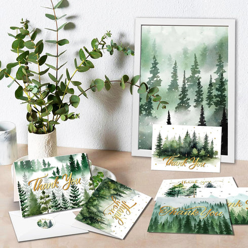 KTHONIOMANTE 24 Pack 6 7.9x5.9 Inches Green Forest Thank You Cards with Envelopes & Stickers - Watercolor Nature Blank