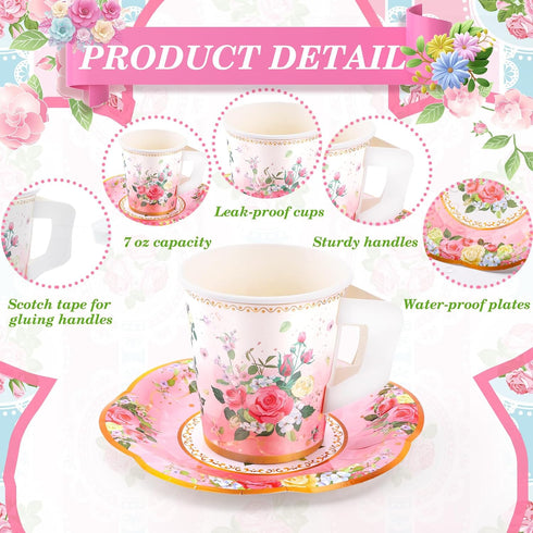 SUMMORO 160 7 OZ Pcs Floral Paper Tea Cups and Saucers Disposable Paper Tea Cups with Handle and Plates for Tea Party