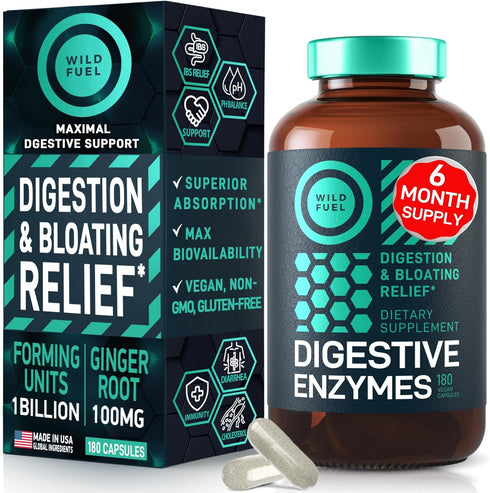 Digestive Enzymes with Probiotics and Prebiotics - Vegan Supplement for Gut Health & Digestion Support - 180 Caps