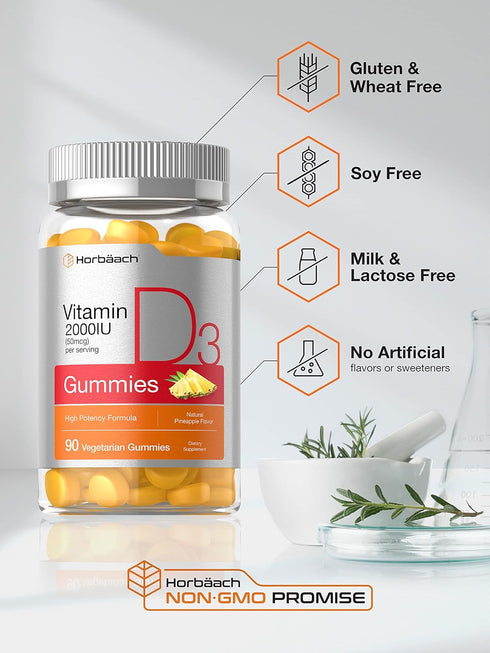 Horbaeach Vitamin D3 2000iu Gummies, 90 Count, Vegetarian, Pineapple Flavor, 50 mcg, Non-GMO, Gluten Free Vitamin D