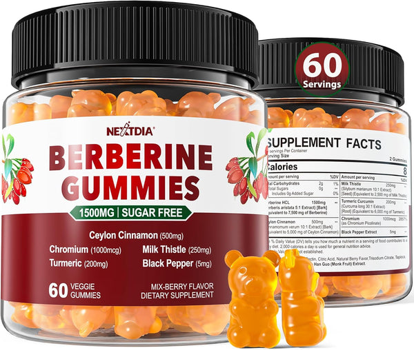 Berberine Supplement 1500mg - Sugar Free Gummies with Ceylon Cinnamon, Turmeric, Milk Thistle, 2 Pack