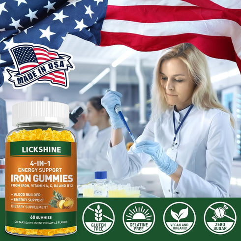 2 Pack Vegan Iron Supplement Gummies 100MG for Women & Men - Peach Flavor, with Vitamin C, A, B, 120 Ct