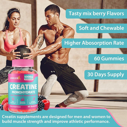 Creatine Monohydrate Gummies - 5000mg Creatine for Women, Pre Workout Chewables with Taurine & B6 - 60 Count