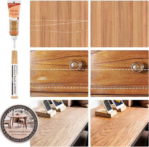 Wood Furniture Repair Kit, 6 Oak Color Wood Fillers with 6 Touch Up Markers and Polish Wax for Wooden Stains