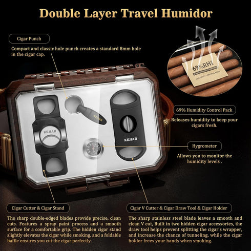 Cigar Humidor Set, Travel Humidor for Cigars, Includes 2 Cigar Cutters, Humidity Pack, Airtight Cigar Case (Dark)