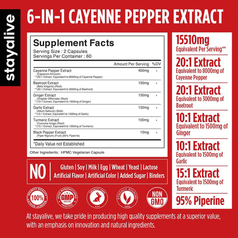 Stay Alive Cayenne Pepper 8000mg, Ginger 1500mg, Garlic 1500mg, Turmeric 1500mg, BeetRoot 3000mg, Black Pepper, 120 Cayenne Capsules, Support Cardiovascular & Immune System, Capsaicin Supplement Pills