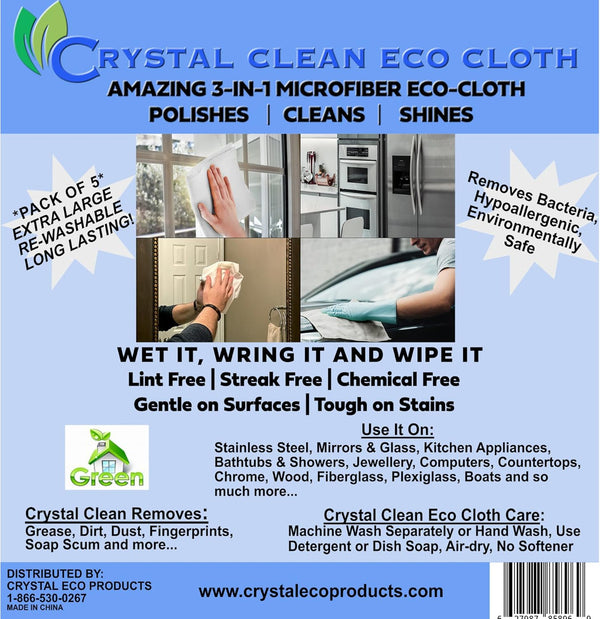 Crystal Clean Eco-Cloth, Lint-Free Microfiber Cloth for Windows, Glass, Stainless Steel, 5 Pack, White, 16''x16''