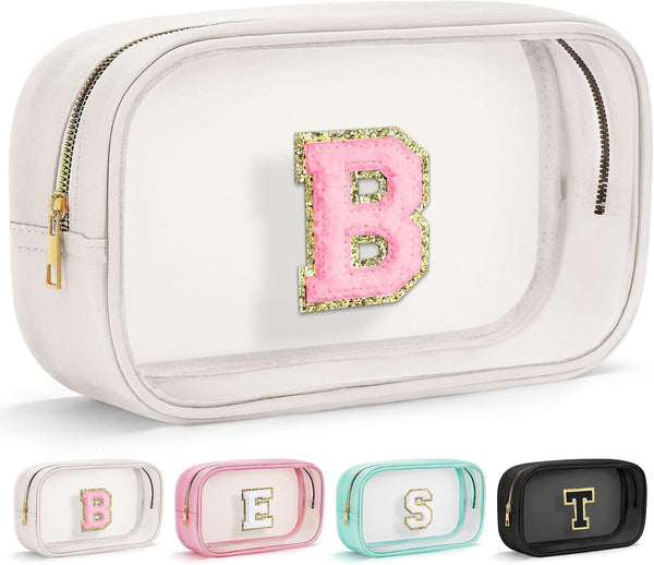 Initial Travel Makeup Bag Pouch, Clear Toiletry Bag for Women, Unique Birthday Gifts for Teacher Mom Friends, White B
