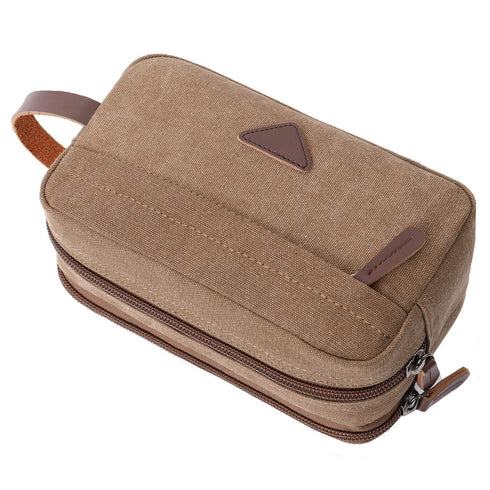 Mactso Mens Travel Toiletry Bag, Canvas Leather Cosmetic Makeup Organizer with Double Compartments (Coffee)
