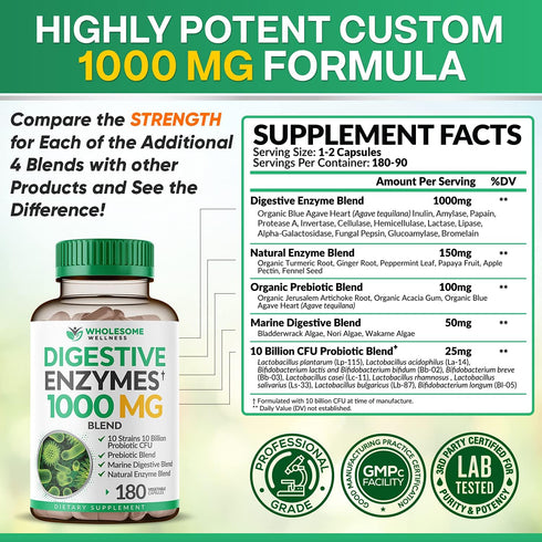 Wholesome Wellness Digestive Enzymes 1000MG Plus Prebiotics & Probiotics Supplement, 180 Capsules