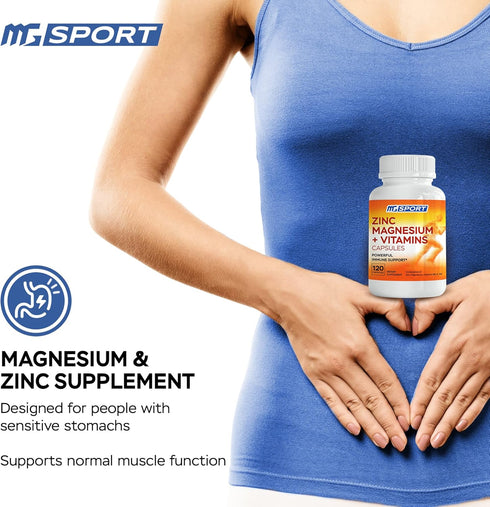 Magnesium Zinc Supplement with Vitamins B6, B9, High Absorption for Immune Support, 120 Capsules.