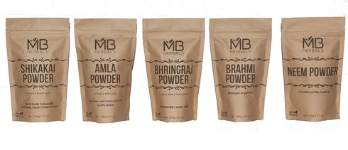 MB Herbals Hair Care Powders COMBO Pack | Shikakai, Neem, Brahmi, Amla, Bhringaraj | 100 Grams Each - Packaging May Vary