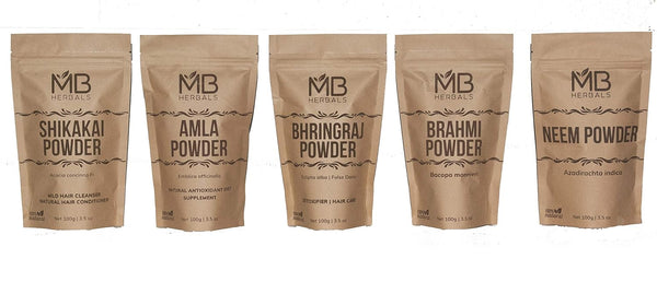 MB Herbals Hair Care Powders COMBO Pack | Shikakai, Neem, Brahmi, Amla, Bhringaraj | 100 Grams Each - Packaging May Vary