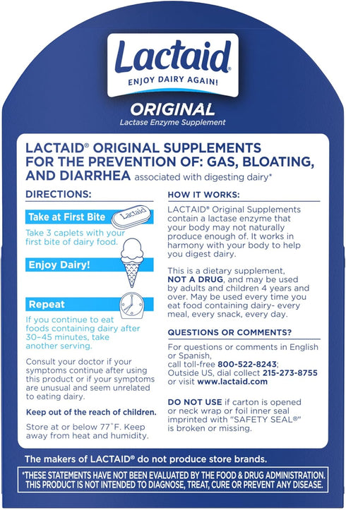 Lactaid Original Strength Lactose Intolerance Caplets, 9000 FCC Lactase Enzyme, 120 Count