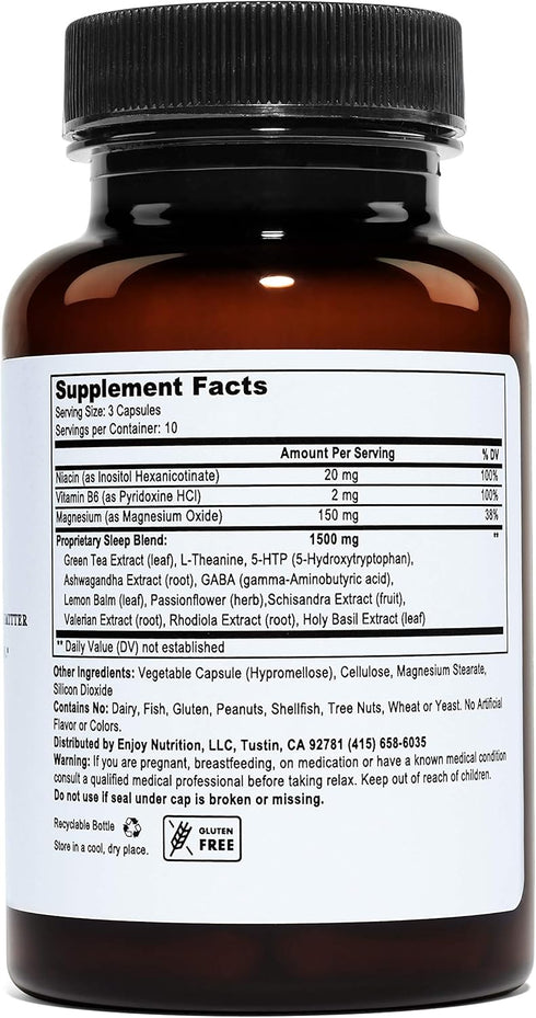 Relax Natural Sleep Aid - 30 Vegetarian Capsules with GABA, L-Theanine, Valerian Root, 5-HTP, Lemon Balm