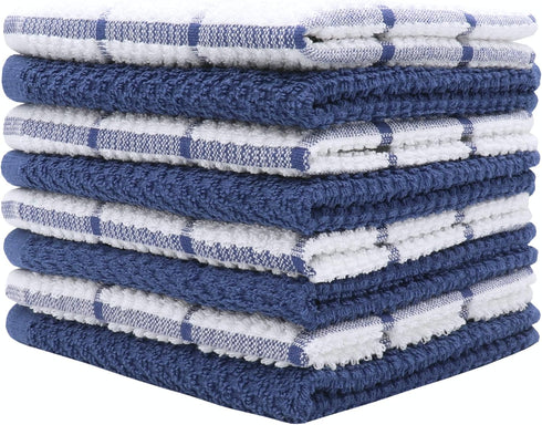Cotton Grid Dish Cloths, Terry Cleaning Rags, 12 x 12 Inches, 8pc/Set, Blue Multi