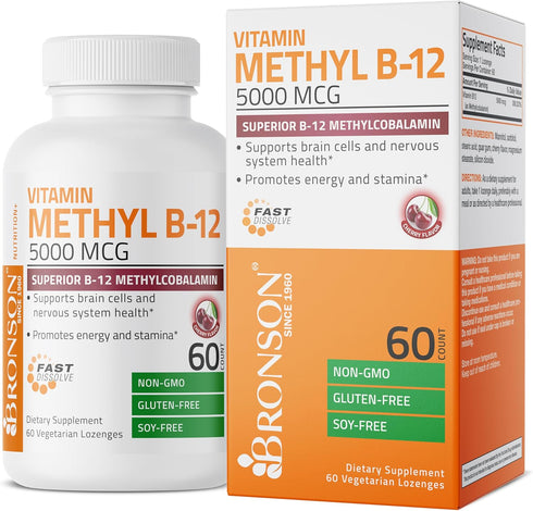 Bronson Methyl B12, 5000 mcg, Vitamin B12 Methylcobalamin, Energy & Brain Support, 60 Lozenges