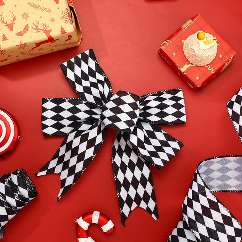 3 Rolls Black White Harlequin Ribbon, 30 Yards, 2.5 Inch Wide Checkered Wired for Xmas Fall Tree Crafts