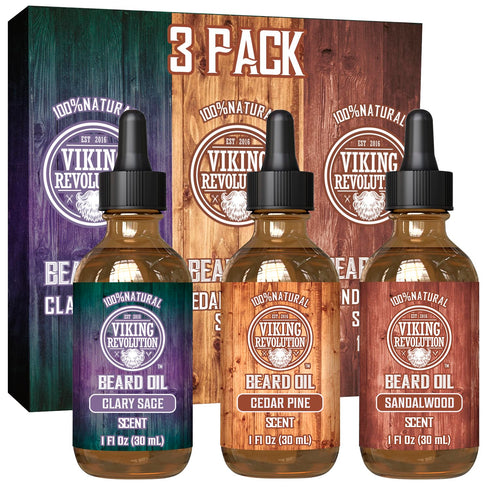 Viking Revolution Beard Oil for Men, 3 Pack Natural Variety Set - Sandalwood, Pine, Cedar, Clary Sage