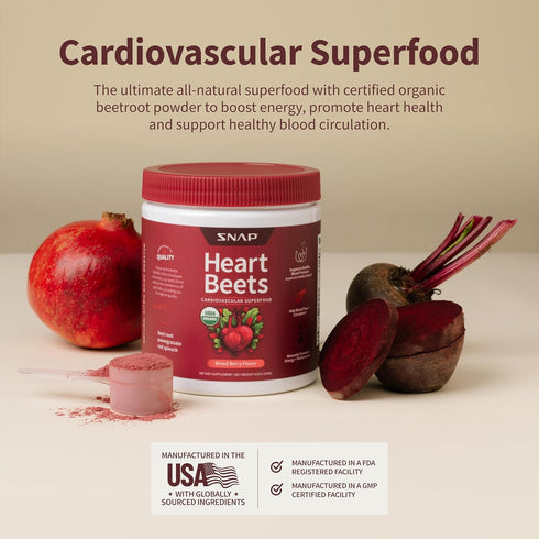 Snap Supplements Heart Beets, USDA Organic Beet Root Powder, 3-in-1 Cardiovascular Superfood, 250g