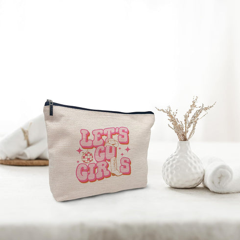 Western Makeup Cosmetic Bag, Let's Go Girls Cowgirl Hat Boots Disco Ball Travel Toiletry Bag
