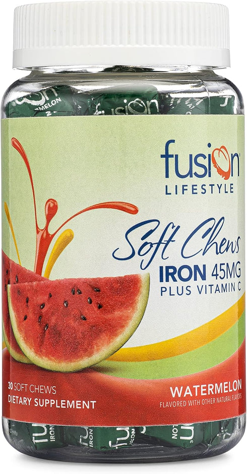 Iron Supplement for Women and Men - 30 Count Watermelon Flavored Soft Chews with Vitamin C for Iron Deficiency