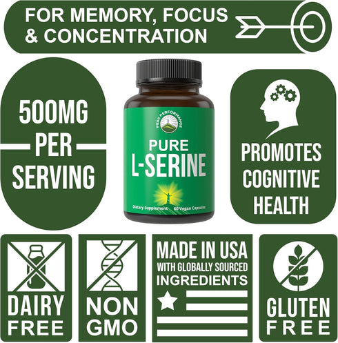 Peak Performance L-Serine Capsules 500mg, Best Brain and Nootropic Amino Acids, Non-GMO Supplement (60 Servings)