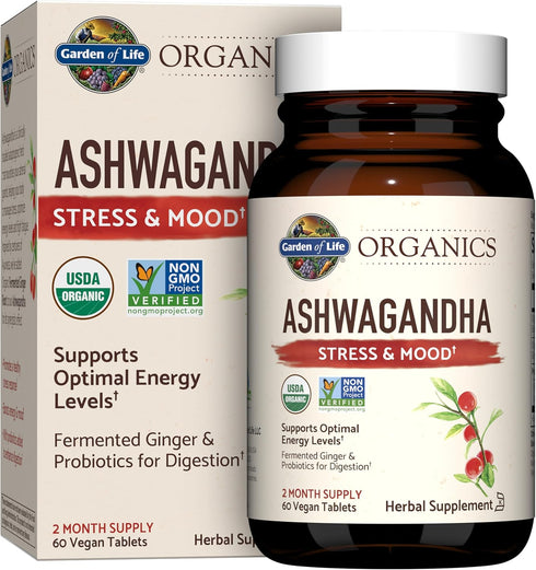 Garden of Life Organics Ashwagandha Supplement - 60 Tablets for Stress, Mood & Energy Support, Vegan