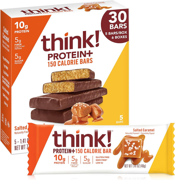 think! Protein Bars with Chicory Root for Fiber, Gluten Free, Salted Caramel, 1.4 Oz (30 Count)