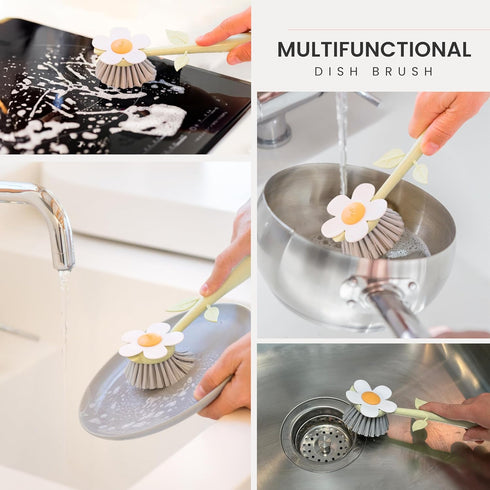 Vigar Florganic Daisy-Shaped Dish Brush with Vase Dish Brush Holder, Dish Brush with Handle, for Pot Scrubber, Kitchen