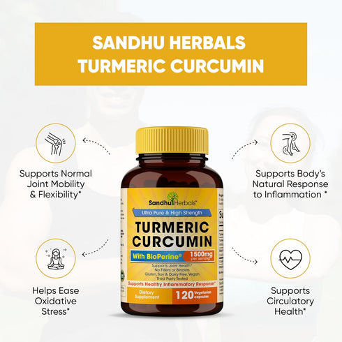 Sandhu Herbals Organic Turmeric Curcumin 120 Capsules 1500mg Joint Support with Bioperine Black Pepper Extract