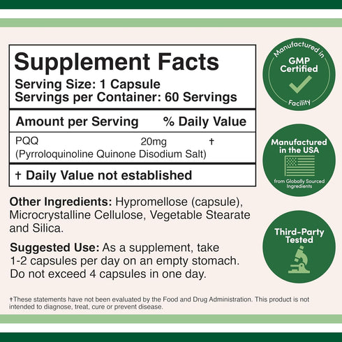 PQQ Supplement 20mg, 60 Capsules, Promotes Mitochondria ATP Levels, Energy Optimizer & Sleep Support by Double Wood