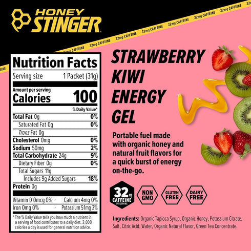 Honey Stinger Strawberry Kiwi Energy Gel | Caffeinated Gluten Free Sports Nutrition for Exercise, 24 Pack