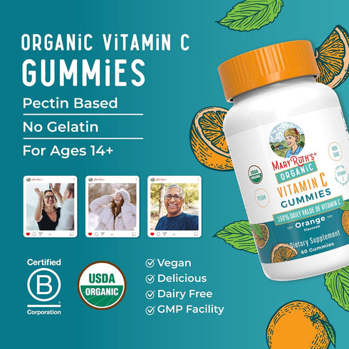 Gummies Gummies 14+ Immune 60 Count MARYRUTH'S Adult Vitamin C | USDA Organic | Vegan Chewable Vitamin C for Ages |