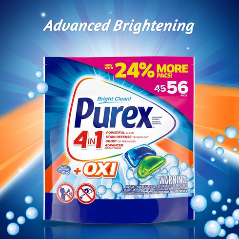 Purex 4-in-1 + OXI Laundry Detergent Pacs, Fresh Morning Burst, 56 Count