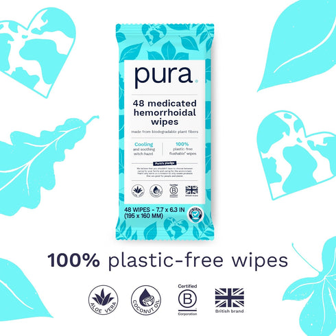 Pura Flushable Hemorrhoid Wipes, 48 Medicated Wipes with Cooling Witch Hazel, Coconut Oil & Aloe Vera, Plastic Free